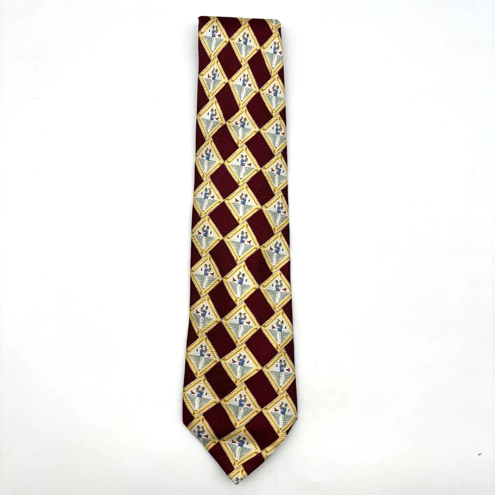 Vintage 90s Lands End Handmade in USA 100% Silk Yellow Red Man Golfing Tie 59